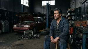 Emprendedor latino bicultural en Texas con proyecciones de luz de términos en Spanglish ("Roofers cerca de mí") y español perfecto, mostrando el contraste del SEO invisible.
