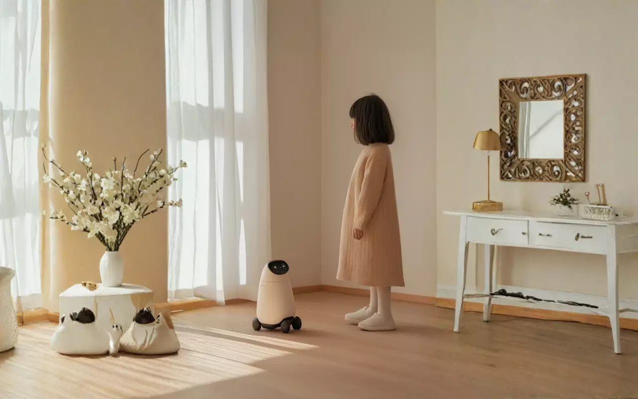 Niña interactuando tranquilamente con un robot asistente en una sala minimalista, representando la integración sencilla y armoniosa entre tecnología e inteligencia artificial